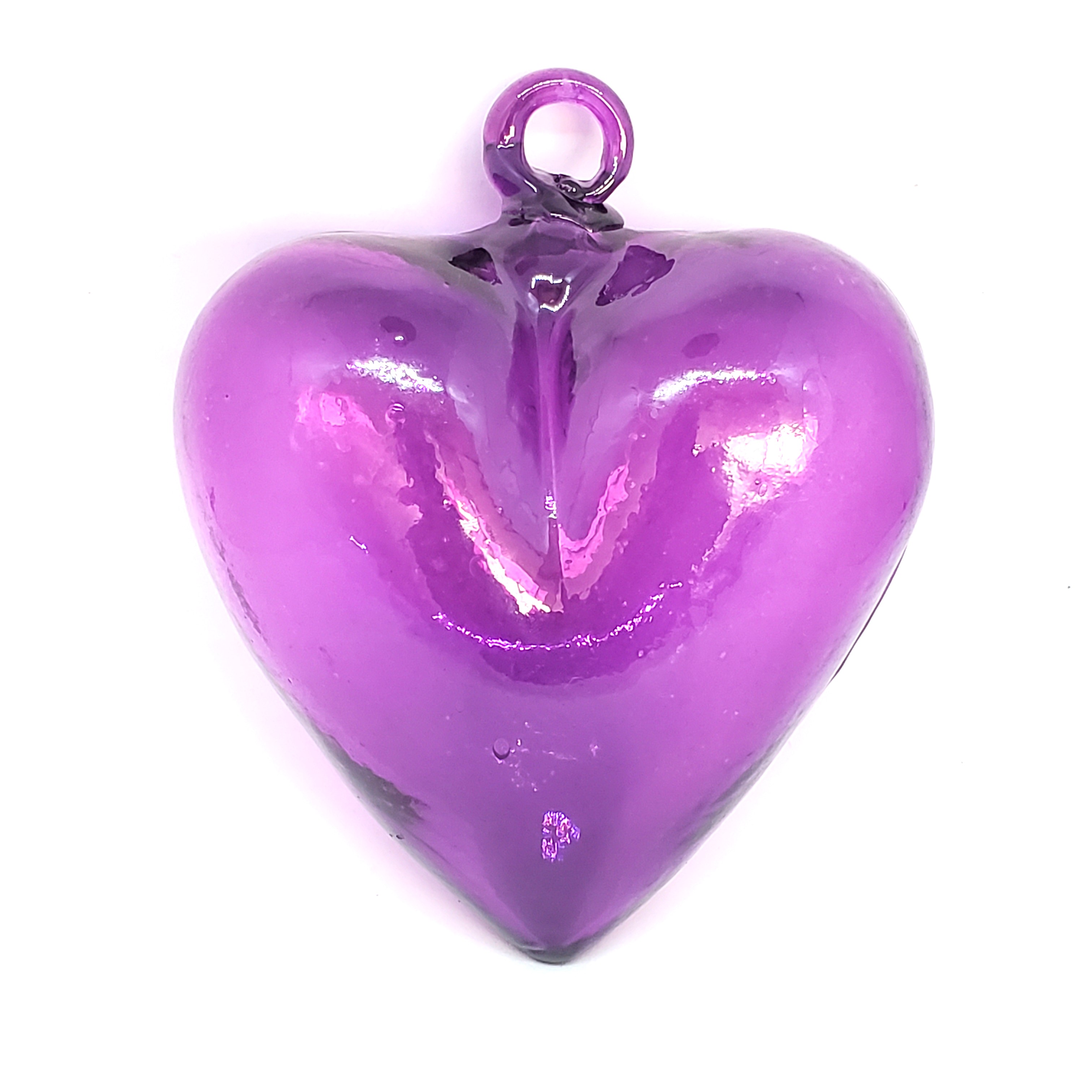 ADORNOS DE VIDRIO / Juego de 6 corazones morado grandes de vidrio soplado